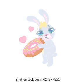 Bunny With The Giant Donut Illustration In Cute Girly Cartoon Style Isolated On White Background