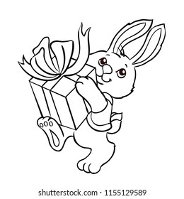 Bunny with a gift box. Vector illustration isolated on a white background. Outlined for coloring book.