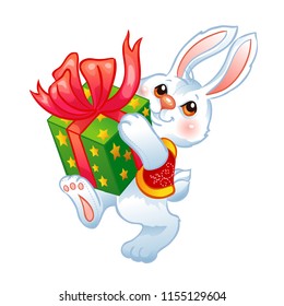 Bunny with a gift box. Vector illustration isolated on a white background.