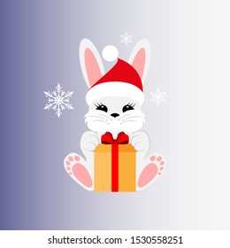 Bunny with a gift in a Christmas cap. Flat vector illustration. Can be used for design greeting card, invitation or banner , logos , icons for mobile applications.