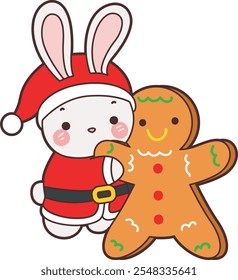 Bunny with ginger bread. Cute Christmas Bunny stock illustration. Funny bunny christmas for sticker elements. 