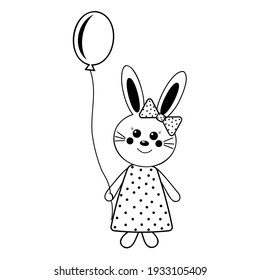 Bunny girl with balloon, black outline coloring book, isolated vector children's illustration