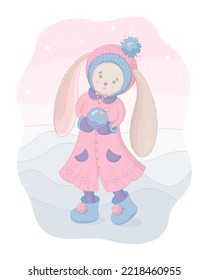 Сute bunny girl in the blue hat with a pom-pom carries the ball for the Christmas tree. Vector illustration.