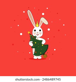 Bunny girl with a crown holding a Christmas tree in her paws on a red background.  