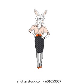 bunny girl dressed up in office style, furry art illustration, fashion animals