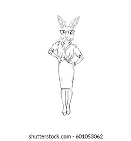 bunny girl dressed up in office style, furry art illustration, fashion animals