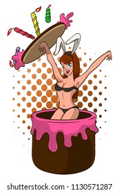 Bunny Girl Hiding At The Birthday Cake And Gave A Surprise Party Cartoon Vector