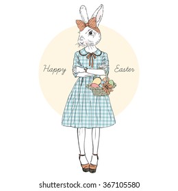 bunny girl hipster with Easter basket, Happy Easter design