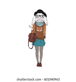 bunny girl hipster in foxy pullover, furry art illustration, fashion animals