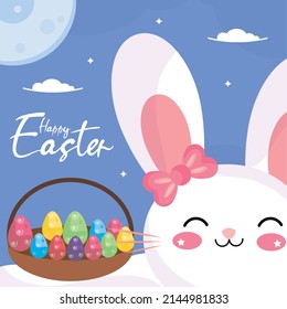 Bunny girl kawaii Basket with easter eggs Happy easter season Vector