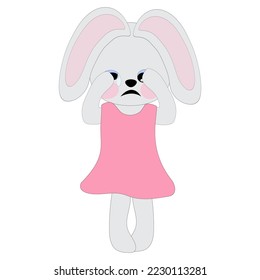 A bunny girl in a pink dress cries, covering her muzzle with her paws. Symbol of 2023. Coloring book for children. Vector image