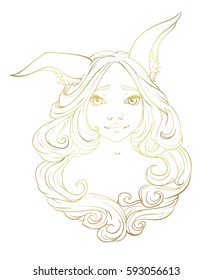 Bunny girl portrait girl with a snub nose. Cute easter bunny.Hand drawn beautiful artwork. Isolated vector illustration. Print for textiles and printing