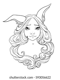Bunny girl portrait girl with a snub nose. Cute easter bunny.Hand drawn beautiful artwork. Isolated vector illustration. Print for textiles and printing