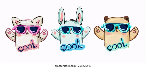 bunny with glasses, bear with glasses, cat with glasses, Trendy cool illustration vector, children's T-shirt, vector illustration, hand drawn illustration.