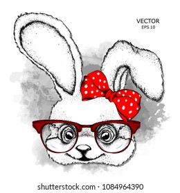 Bunny with glasses and a beautiful bow. Vector illustration