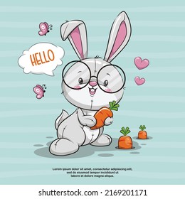 Bunny With Glasses And Carrot, Cute Rabbit Cartoon Illustration