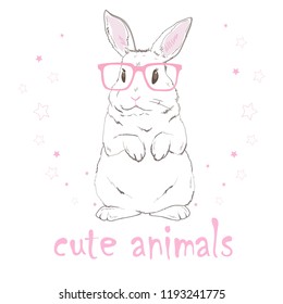 Bunny with glasses, cute rabbit, vector, illustration