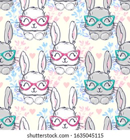 Bunny with glasses pattern seamless. Vector illustration. Textile for children.