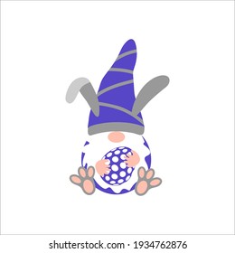 Bunny Gnome with rabbit paws on white background. Scandinavian Nordic Easter Gnome with chocolate egg. Cute Gnomes for greeting card, t shirt print, web design.