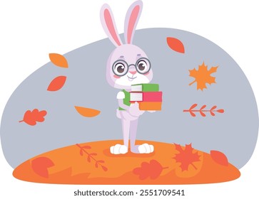 Bunny going to school. Autumn leaves falling on rabbit with books isolated on white background