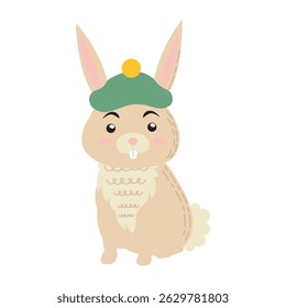 Conejito con sombrero de boina verde. Ilustración vectorial
