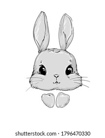 Bunny Hand Drawn isolated on white background. Print design rabbit. Children Print on t-shirt. Vector Print