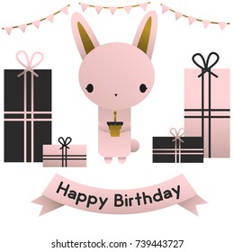 Bunny happy birthday with presents or gifts, ribbon and flags isolated on white background 