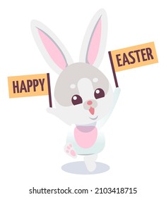 Bunny with happy Easter placard. Cute cartoon rabbit