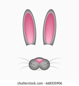 Bunny or hare face elements - ears and nose. Selfie photo and video chart filter with cartoon rabbit mask. Vector illustration.