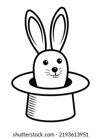 Bunny in a hat, magic trick outline illustration. Cute bunny from hat black thin line art.