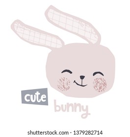Bunny head baby cute print. Sweet rabbit animal character face. Cool illustration for nursery poster, t-shirt, kids apparel, baby party invitation. Simple child design
