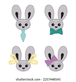 Bunny head boys and girls character. Vector illustration. Rabbits with bows, tie, bow tie, ribbons.