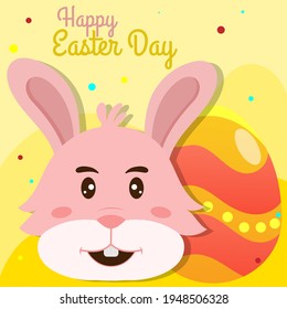 bunny Head for Easter Day Celebration Poster Design with Printed Eggs and Cartoon Bunny on yellow Background.