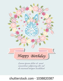 Bunny Head with floral wreath isolated on background. Rabbit head as Baby shower & Easter logo, pet shop, badge. Template for Baby Birthday, Easter Day, party invitation, greeting card, baby shower.