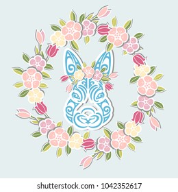Bunny Head with floral wreath isolated on background. Rabbit head as Baby shower  Easter logo, pet shop, badge. Template for Baby Birthday, Easter Day, party invitation, greeting card, baby shower.