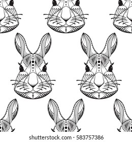 Bunny head. Hand drawn Rabbit heads Vector Seamless pattern. Ethnic animal. Tribal patterned Hare. 
