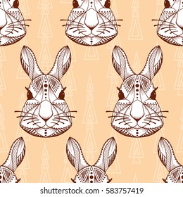 Bunny head. Hand drawn Rabbit heads Vector Seamless pattern. Ethnic animal. Tribal patterned Hare. 