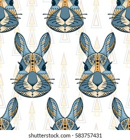 Bunny head. Hand drawn Rabbit heads Vector Seamless pattern. Ethnic animal. Tribal patterned Hare. 