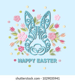 Bunny Head isolated on background with flowers. Rabbit head as Easter logo, pet shop, badge, icon. Template for Happy Easter Day, party invitation, greeting card, web, girl/boy birthday, baby shower.