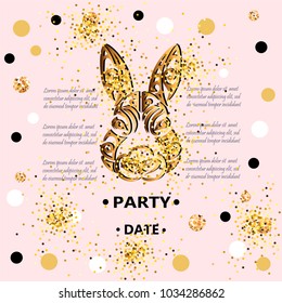 Bunny Head isolated on background with golden confetti. Rabbit head as Baby shower & Easter logo, pet shop, badge. Template for Baby Birthday, Easter Day, party invitation, greeting card, baby shower.