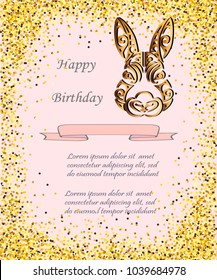 Bunny Head isolated on background with golden confetti. Template for Baby Birthday, Easter Day, party invitation, greeting card, baby shower.