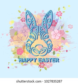 Bunny head isolated on  pastel color background with flowers. Rabbit head as Easter logo, pet shop, badge, icon. Template for Happy Easter Day, party invitation, greeting card, web, postcard.