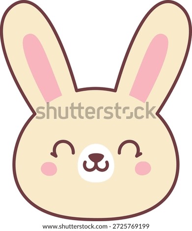 Bunny head with long ear, rounded face, rosy cheek, and closed eye in clean cartoon lines. Symbol of joy, kindness, and innocence for kid brand and holiday greeting. Cartoon vector illustration.