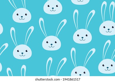Bunny head seamless pattern. Repetitive vector illustration of smiling bunny heads on blue background. EPS 10.