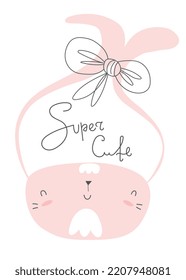 Bunny head vector. Cute hand drawn little bunny illustration. Sweet rabbit character with a bow. Design for baby shower, baby girl nursery, cards.