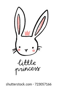 Bunny head vector. Cute hand drawn little princess illustration. Sweet rabbit character with a crown.