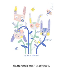 Bunny heads as flowers and butterfly in dreamlike garden vector illustration isolated on white. Happy spring phrase. Abstract childish Easter floral print for nursery or baby fashion.