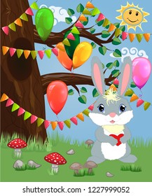 Bunny with a heart in a forest glade. Spring, love, postcard