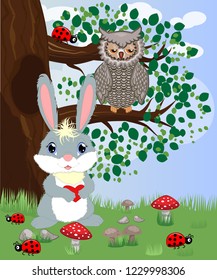 Bunny with a heart in a forest glade. Spring, love, postcard
