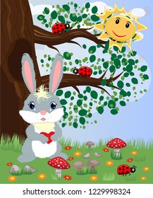 Bunny with a heart in a forest glade. Spring, love, postcard